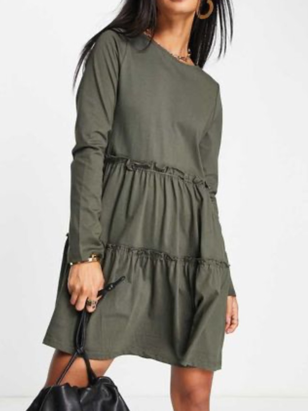 RIVER ISLAND Cotton Tiered Long Sleeve Tee Shirt Mini Dress Tunic
